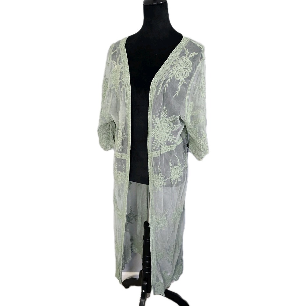 POL Floral Embroidered Duster Open Cardigan Kimono Coverup Sage Green‎ M/L